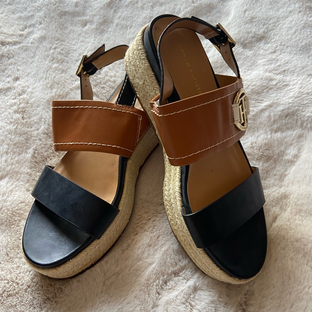 Tommy Hilfiger Black and Brown Espadrille Platform Sandals